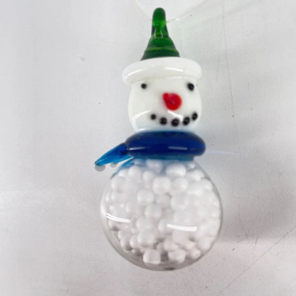 Department 56 Snowman Art Glass Ornament 2008 White Blue Green Faux Snow Fill